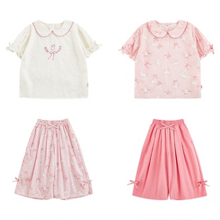 幼悠女童森系小清新套装花瓣翻领娃娃衫木耳花边蝴蝶结阔腿裤子潮