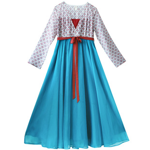 【霓裳羽衣】复古改良印花连衣裙女2025春季新款v领收腰拼接长裙