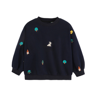 砚台家童装男童藏青色卫衣彩色绣花2026春装新款衣服儿童圆领上衣