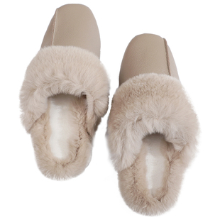 轻奢高端真皮兔毛毛绒保暖棉拖鞋冬季女士网红时尚外穿防滑穆勒鞋