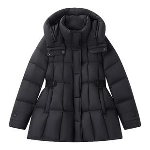 黑色白鸭绒连帽短款羽绒服女2025冬新款小个子高端收腰保暖厚外套