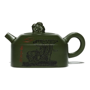 宜兴精品一壶五杯茶具礼品陈腐豆青砂万象更新套装国工水墨风刻绘