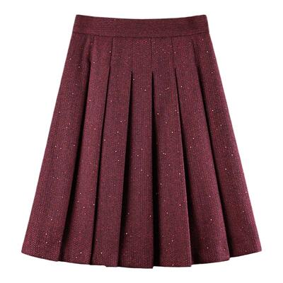 毛呢细闪百褶裙红色中长款A字裙