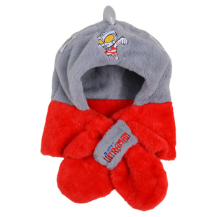 儿童帽子奥特曼冬天加厚毛绒帽男童护耳帽男女宝宝保暖围巾一体帽