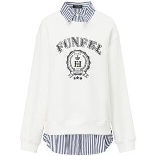 FF仿佛卫衣假两件珠片印花女2025秋季新款时尚百搭长袖套头上衣