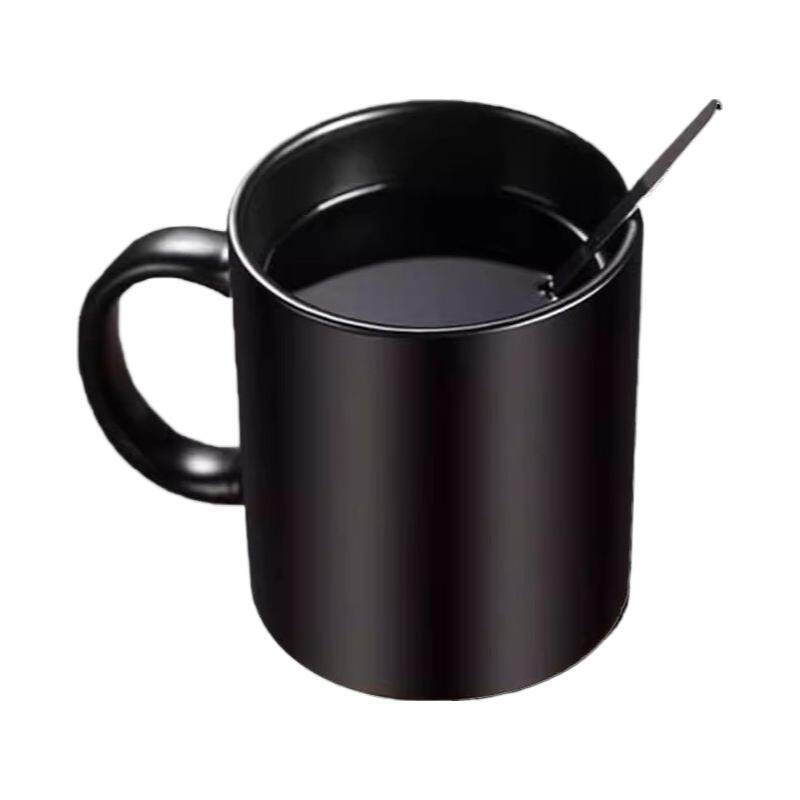 创意黑色大容量马克杯子磨砂简约咖啡杯带勺陶瓷水杯精致轻奢高温