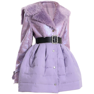 茬客保暖羊羔毛外套女装冬装皮毛一体拼接温柔紫色棉服外套裙上衣