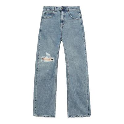 i.t GROUNDZERO港风休闲破洞高腰浅蓝舒适棉百搭阔腿直筒牛仔裤