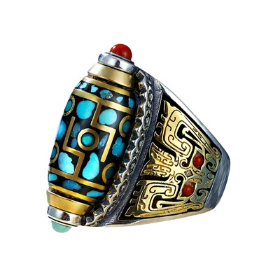 高档九眼戒指纯银饕餮纹松石转动