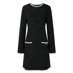 BCBG25秋冬新款气质时尚撞色金丝显瘦小香风女士针织小黑裙连衣裙