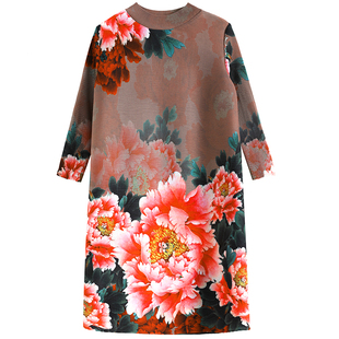 东北大花女装连衣裙早春穿搭半高领显瘦褶皱宽松妈妈装时尚连身裙