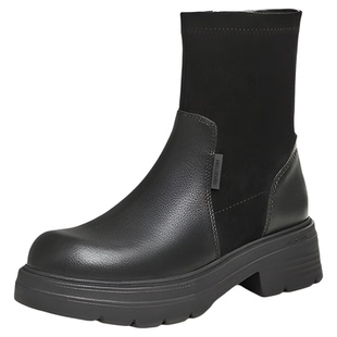 Bata时装靴女冬商场新款百搭牛皮弹力通勤粗跟短筒靴AGC43DZ4