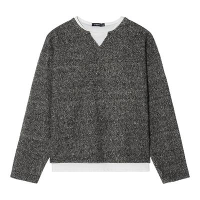【假两件】Unvesno(UN)双色彩纱麻花羊毛混纺针织小V领长袖卫衣秋