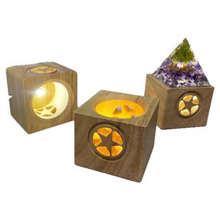 实木发光底座USB插电白光暖光LED小夜灯水晶球台灯镂空五角星底托