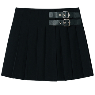 Halo Luu 高级感黑色西装百褶裙女秋冬辣妹皮扣设计短款a字半身裙