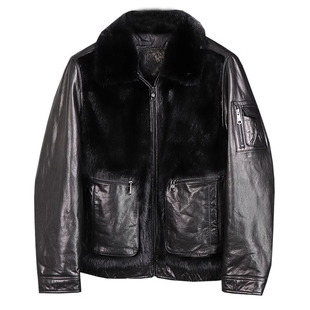 水貂绒皮毛一体男士皮草大衣山羊皮短款真皮皮衣整貂皮外套男加厚