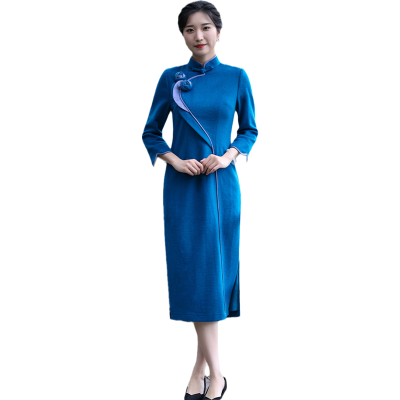 雀之恋旗袍春秋女2024复古中式绵羊毛呢旗袍裙日常穿旗袍连衣裙