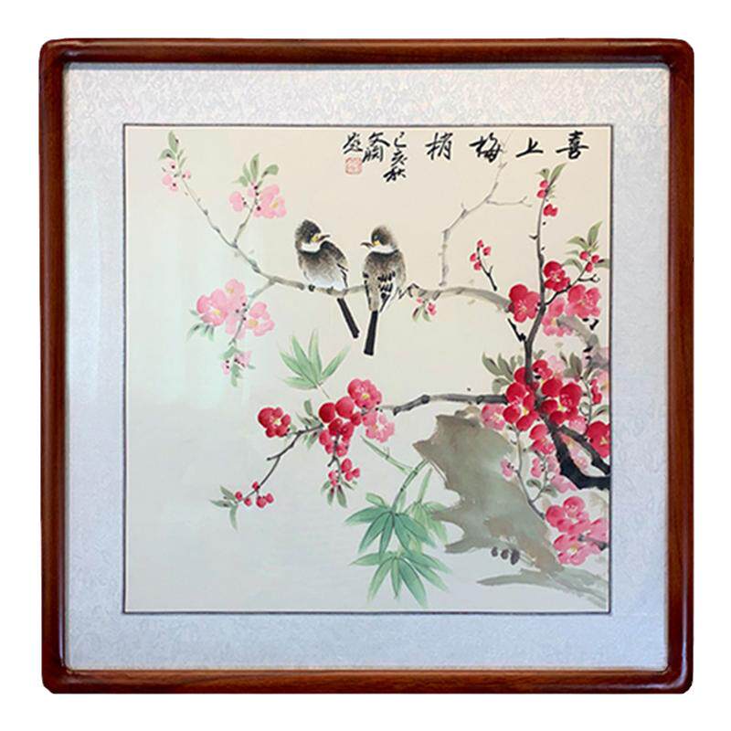 喜上斗方手绘餐厅卧室有框花鸟画
