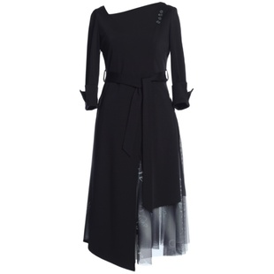 莱芙艾迪儿春秋新款不对称通勤长袖连衣裙女高级感网纱拼接中长裙