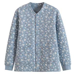 女纯棉三层保暖上衣中老年人开襟夹棉加厚秋衣妈妈秋冬家居打底衫