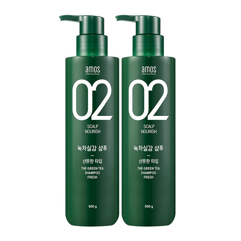 韩国进口AMOS爱茉诗绿茶防脱蓬松02绿茸茸控油洗发水500ml*2