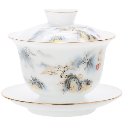 冰种玉瓷三才盖碗高档大号泡茶碗