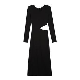 辰米范 黑色露腰长袖连衣裙女秋季新款气质收腰修身裙包臀针织裙