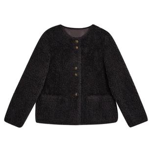 YINER音儿专选女装冬季法式时尚短款圆领美丽诺环保羊毛皮草外套