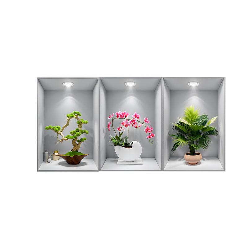 新款植物花卉3D效果盆栽壁画楼梯过道装饰画客厅餐厅三联画自粘画