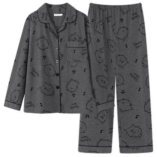 自嘲熊睡衣女春秋长袖情侣个性高级感灰色家居服男韩版时尚年轻款