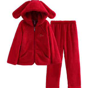 芬腾情侣睡衣秋冬季珊瑚绒结婚本命年红色法兰绒抗静电家居服套装