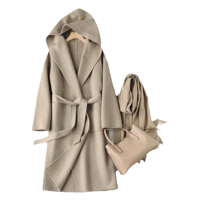 纯羊绒廓形连帽大衣系带双面呢
