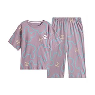 夏季大码自带胸垫夏季睡衣女短袖七分裤胖mm200斤卡通家居服套装