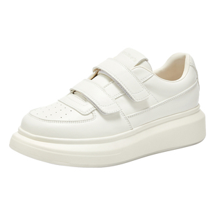 妙丽女鞋厚底小白鞋女款2026春季新款板鞋真皮增高休闲魔术贴鞋子