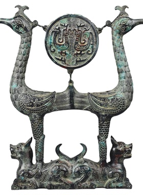 青铜器仿古摆件双凤鼓架文玩古玩