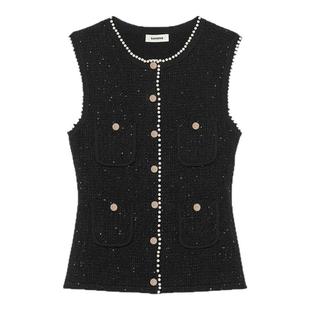 季末7折SANDRO2025秋冬新款女装黑色仿珠饰门襟亮片无袖针织马甲