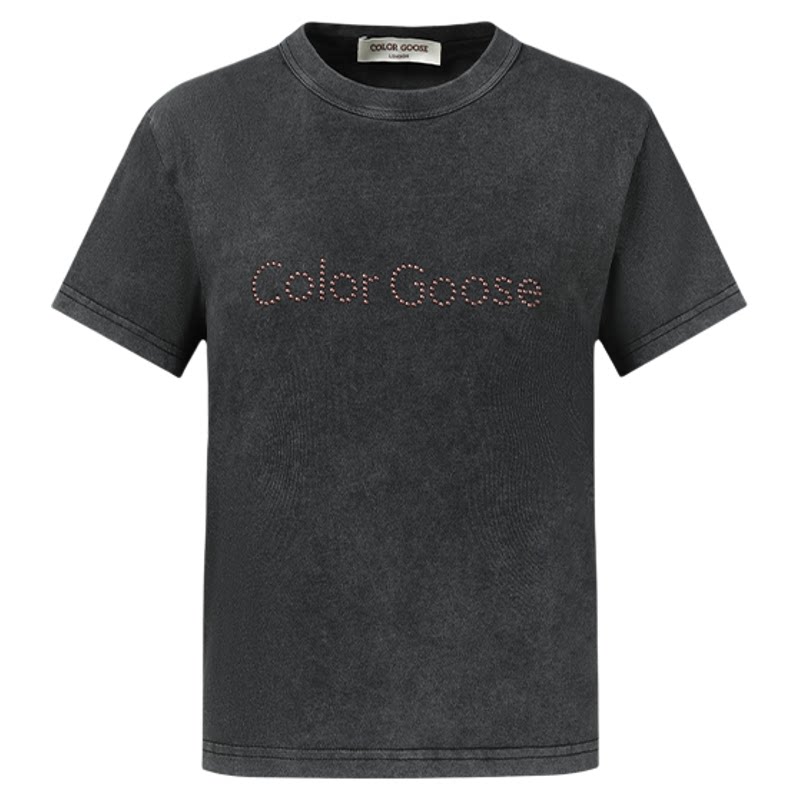 COLOR GOOSE早秋女士铆钉烫钻字母LOGO修身圆领棉质复古短袖T恤
