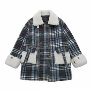 胖mm特大码蓝色格纹拼接羊羔毛外套女冬季加厚保暖高级感毛呢外套