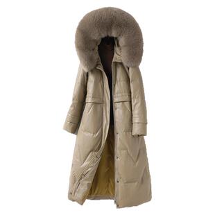 绵羊皮羽绒服女中长款连帽狐狸毛领气质白鸭绒新款海宁真皮外套