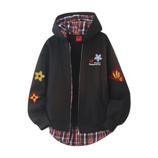 查尔斯桃心假两件格纹开衫卫衣男连帽冬季新款加绒加厚情侣外套潮