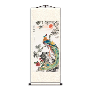 客厅竖版背景墙花鸟国画丹凤朝阳卷轴画凤凰装饰画书房牡丹花鸟画