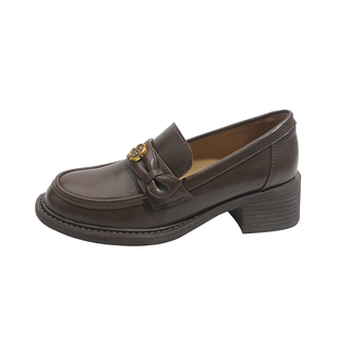 真皮~骄屿山茶花厚底乐福鞋女新款粗跟通勤单鞋百搭一脚蹬小皮鞋