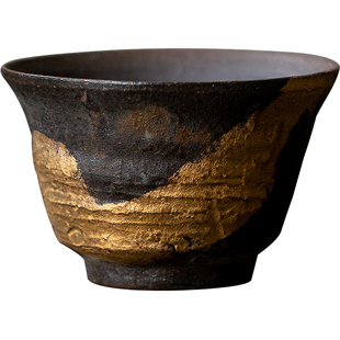 三点水粗陶茶杯柴烧彩金创意主人杯大容量复古柴烧杯子品茗杯单杯