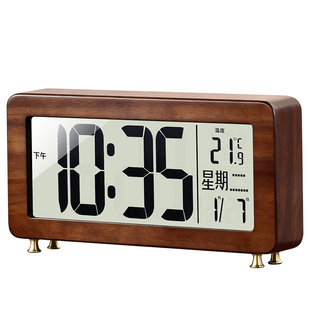 复古实木电子钟摆台式座钟客厅中古风高端桌面数字显示时钟表摆件