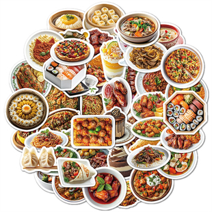 50张中式美食传统菜谱高清图案贴纸装饰笔记本头盔玻璃门手账水杯冰箱滑板iPad电脑墙面美化DIY橱柜自粘贴纸