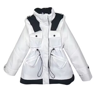 2025冬小个子连帽羽绒服女显瘦中长款抽绳白色白鸭绒工装外套同款