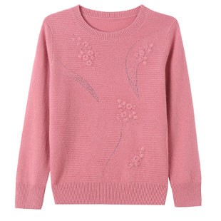 100%纯羊毛圆领毛衣中老年女装红色打底衫妈妈妈妈装本命年气质