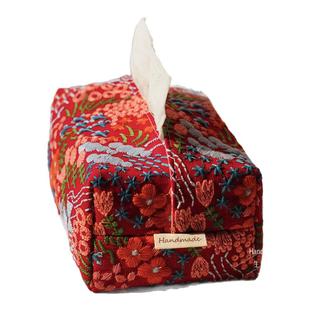 刺绣纸巾盒棉麻布抽纸盒车载纸巾袋结婚喜庆红色摆件节日装饰