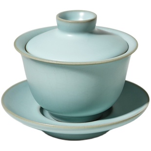 东道汝窑个人茶杯馆藏臻选茶具陶瓷办公室会客撇口盖碗天青礼盒装