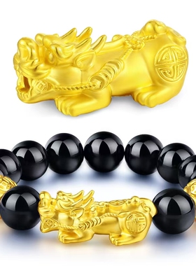 男女款貔貅手链，越南沙金设计款仿黄金黑石网红爆款招财珠子金珠